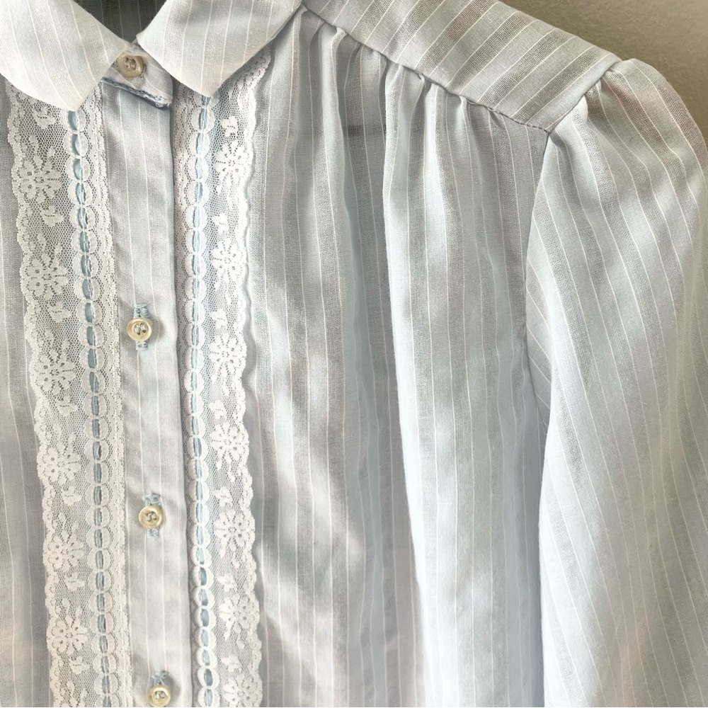 VINTAGE Sheer Lace Trim Button Up Blouse - Picture 3 of 5